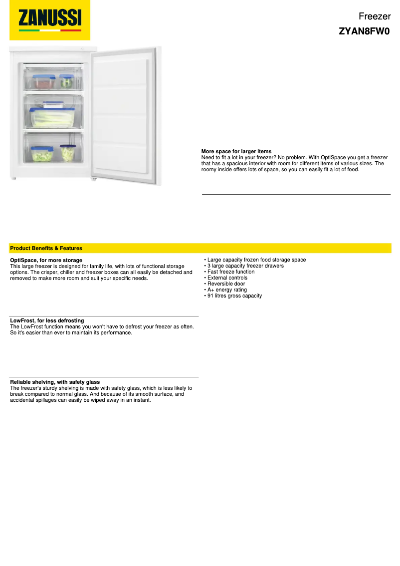 Page 1 de la notice Fiche technique Zanussi ZYAN8FW0