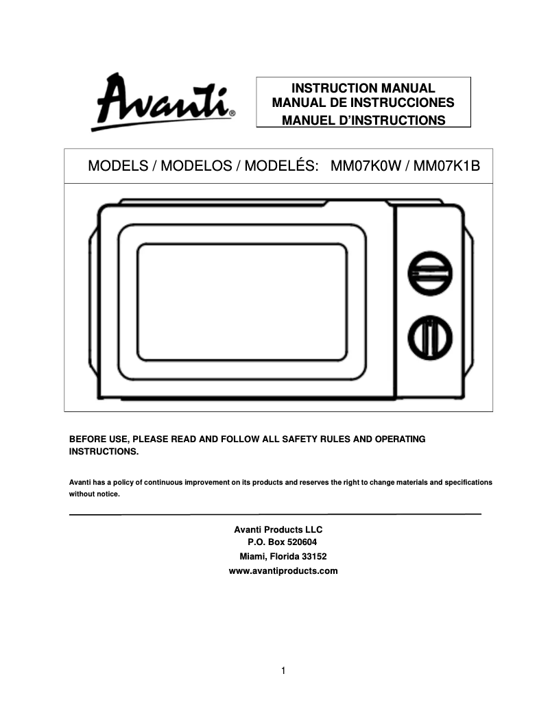 Page n°1 - Manuel utilisateur Avanti MM07K1B
