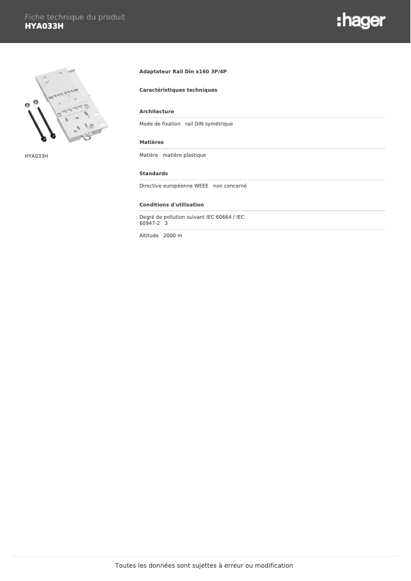 Page n°1 - Fiche technique Hager HYA033H