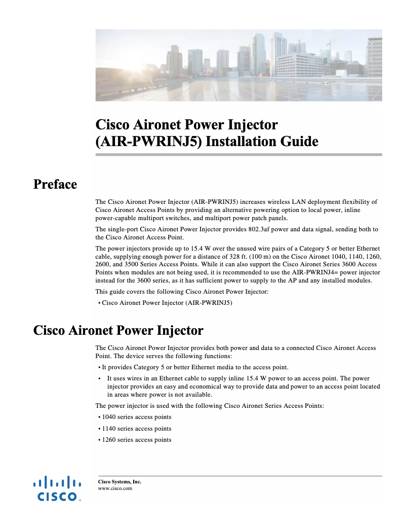 Page n°1 - Manuel utilisateur Cisco Aironet Power Injector