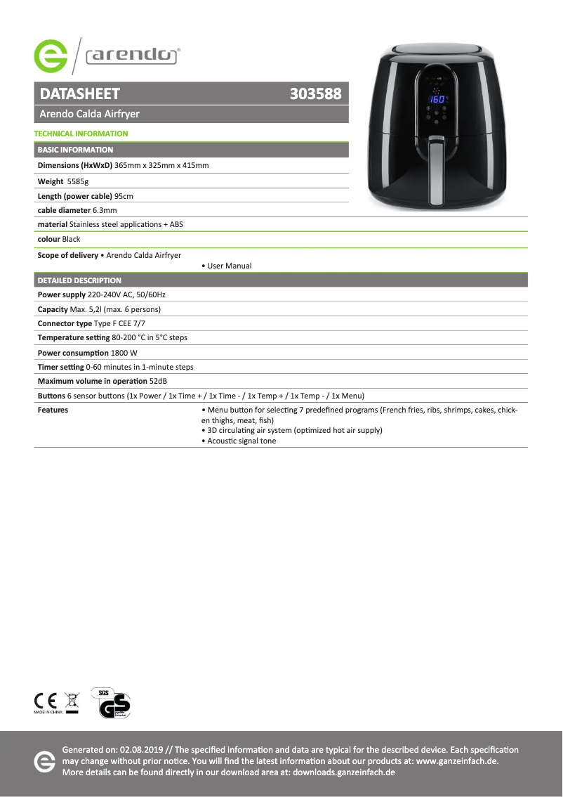 Page 1 de la notice Fiche technique Arendo 303588