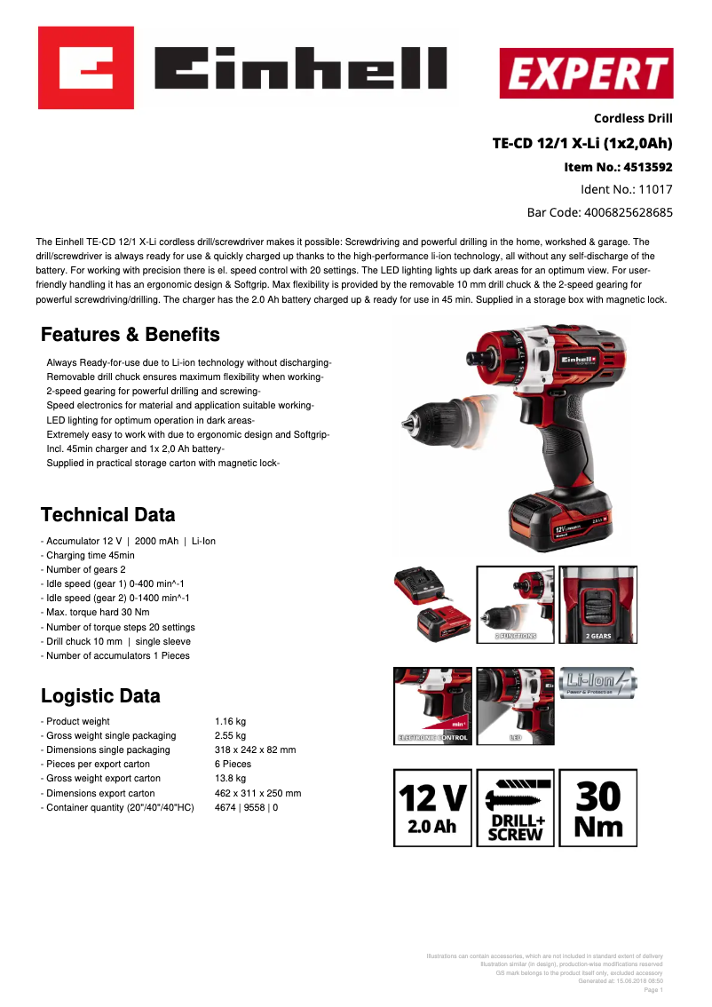 Page 1 de la notice Fiche technique Einhell TE-CD 12/1 X-Li