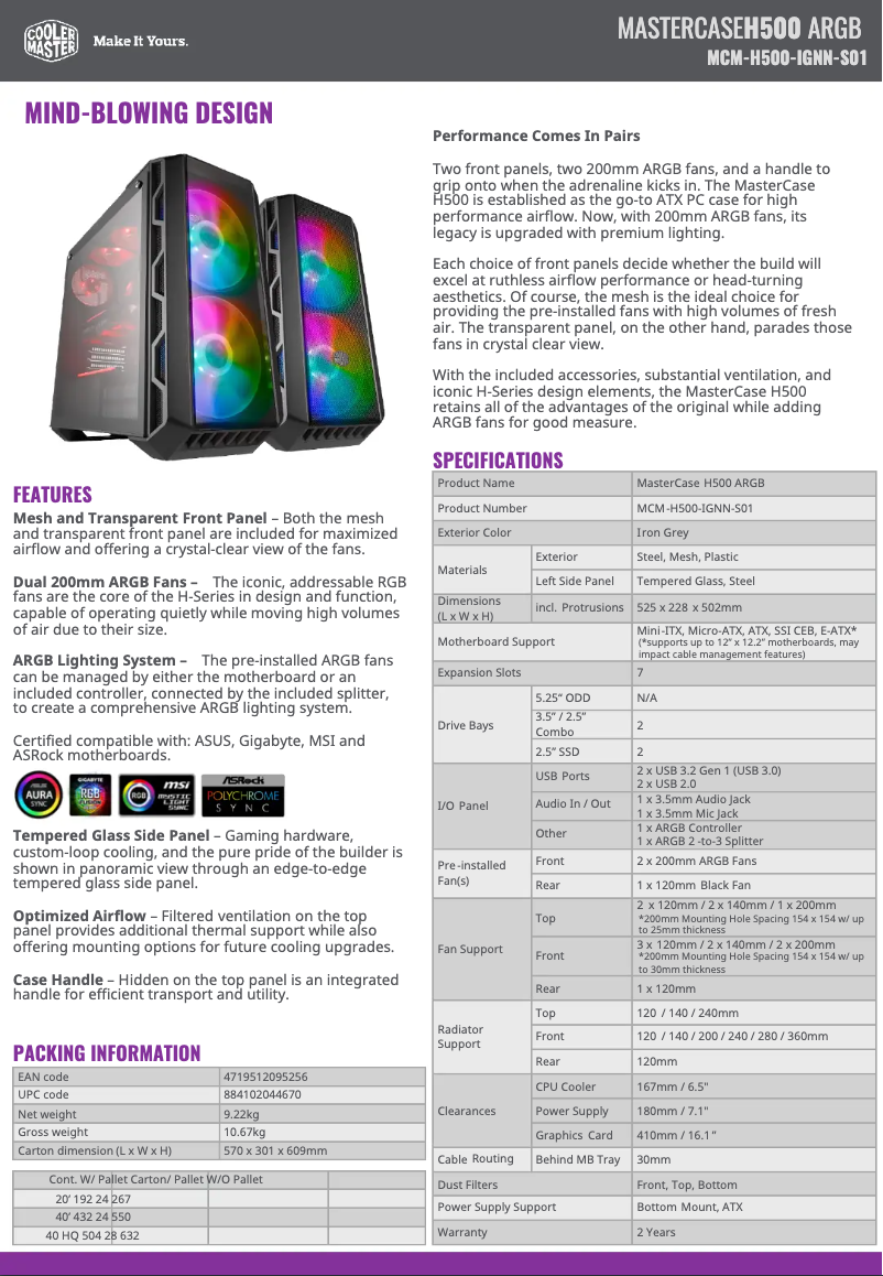 Page n°1 - Fiche technique Cooler Master MasterCase H500 ARGB