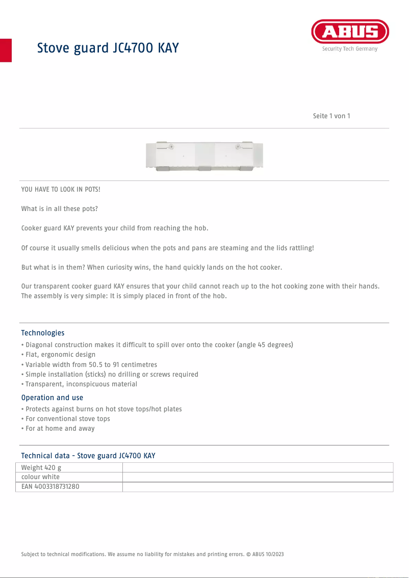 Page 1 de la notice Fiche technique Abus JC4700 KAY