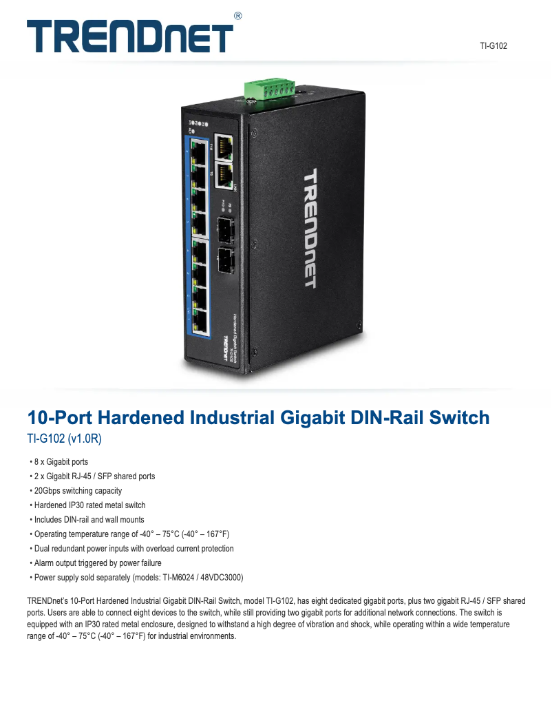 Page 1 de la notice Fiche technique TRENDnet TI-G102