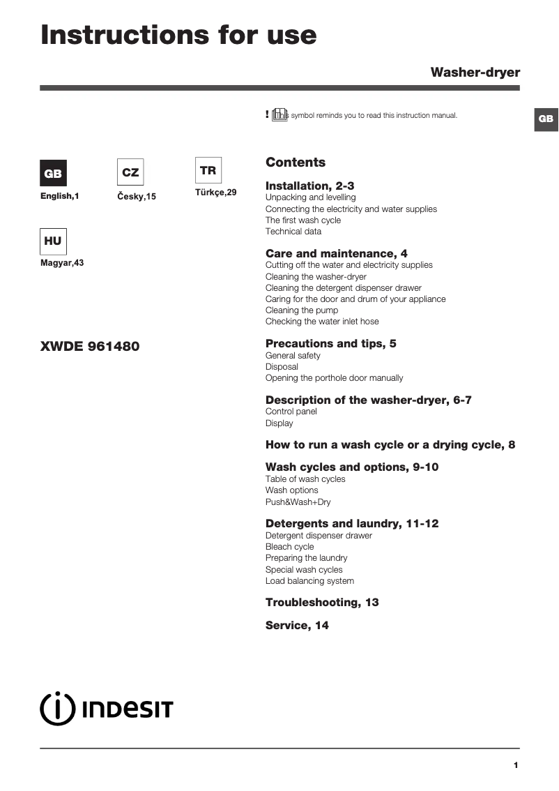 Página 1 del manual Manual de usuario Indesit XWDE 961480X WKKC EU