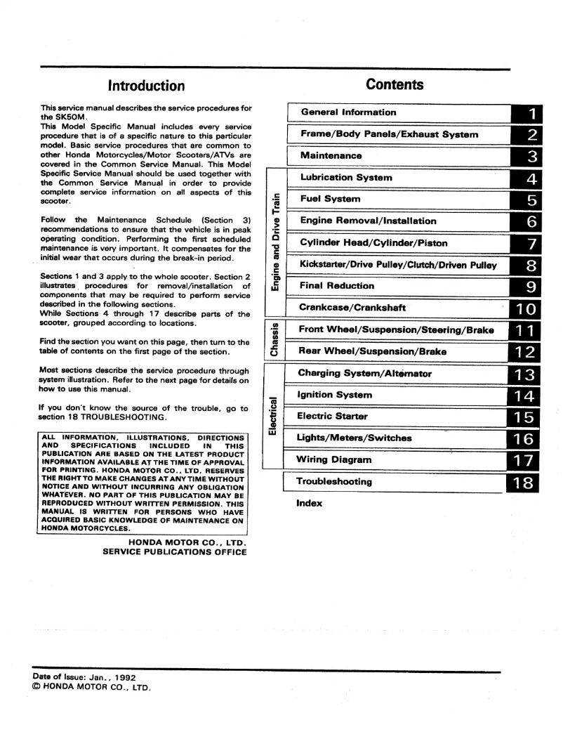 Page 1 de la notice Manuel utilisateur Honda SK50 (1992)