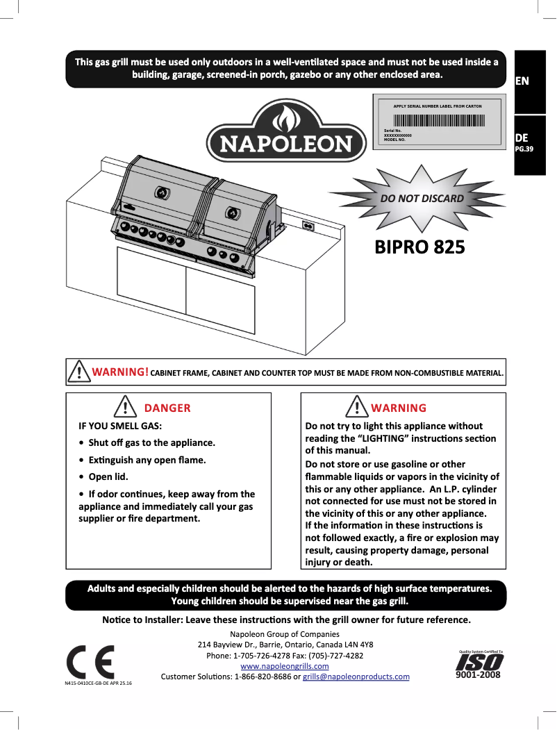 Page n°1 - Manuel utilisateur Napoleon BIPRO 825