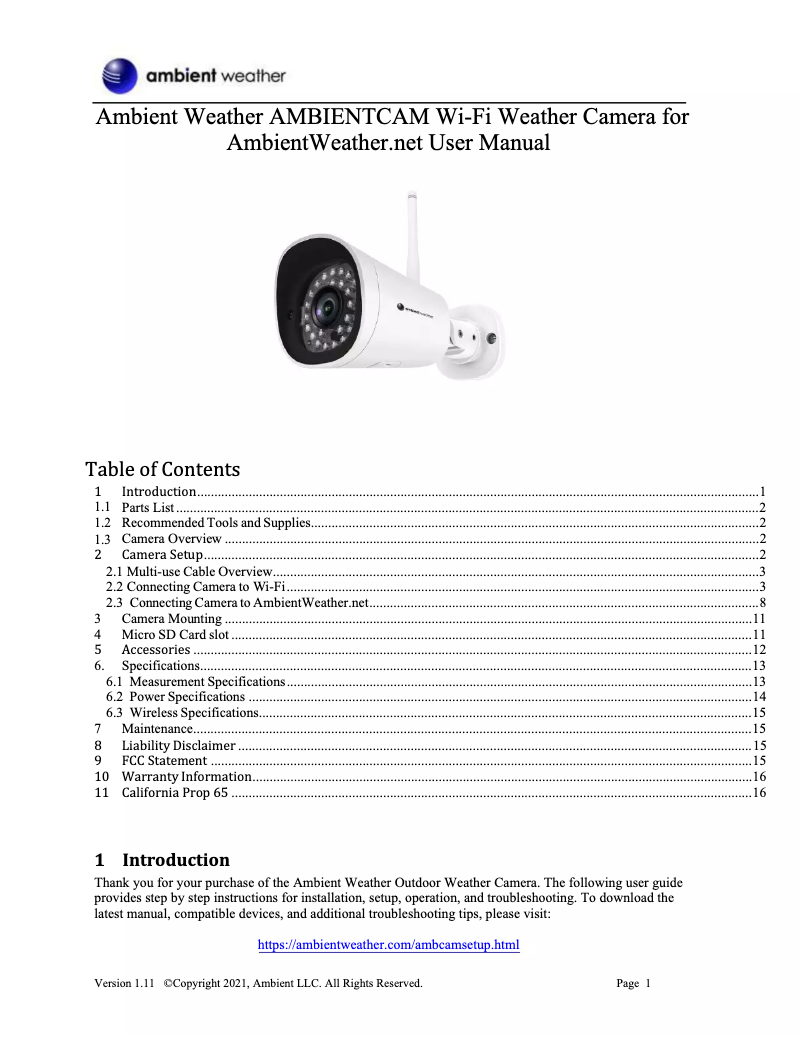 Page 1 de la notice Manuel utilisateur Ambient Weather WC-FMWAC2K
