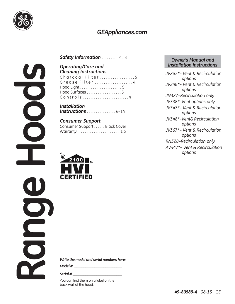Page 1 de la notice Manuel utilisateur GE JV338HBB