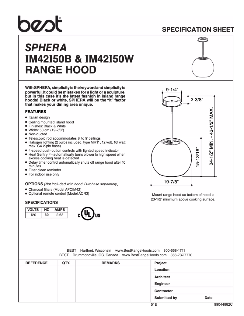 Page 1 de la notice Fiche technique Best Sphera IM42I50W