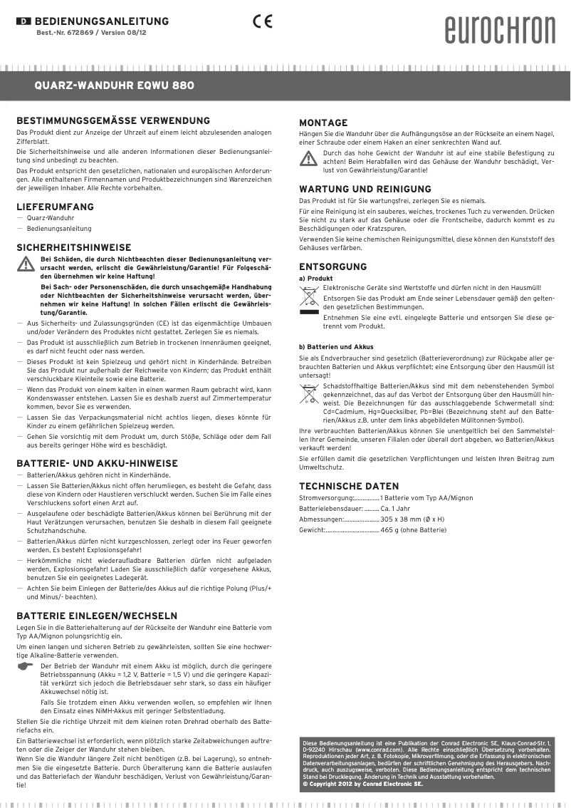 Page 1 de la notice Manuel utilisateur Eurochron A3199