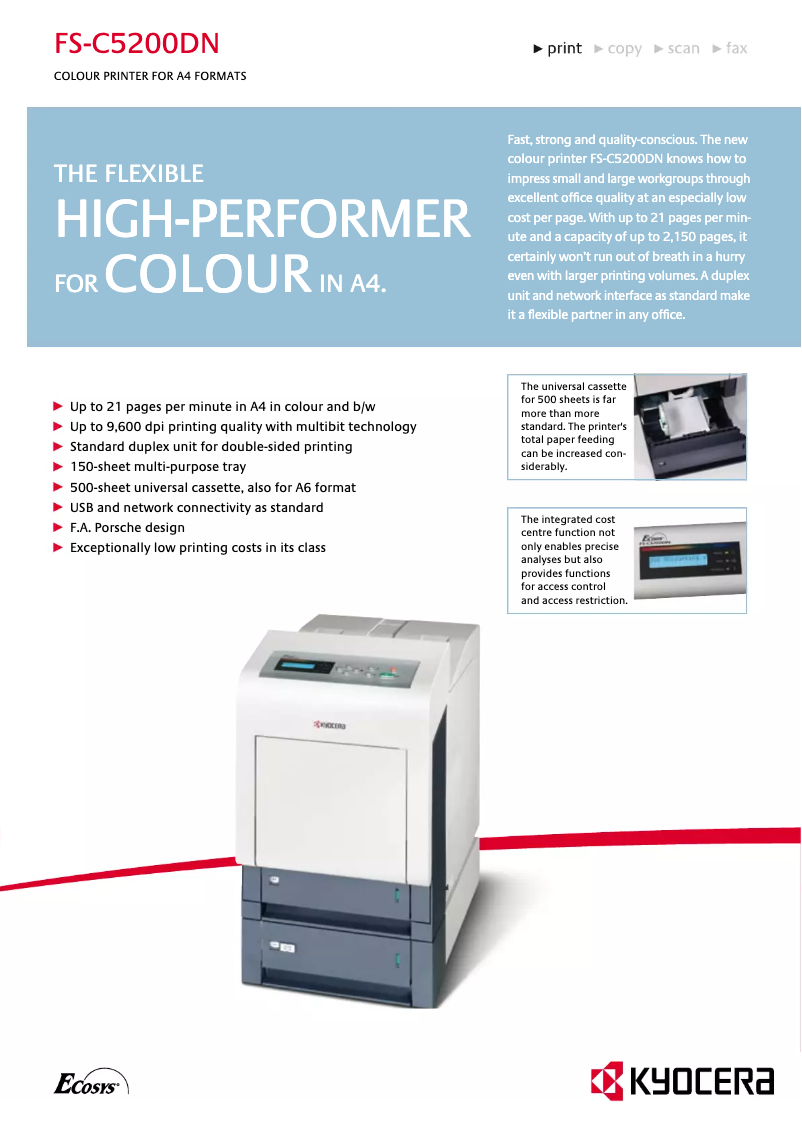 Page 1 de la notice Fiche technique Kyocera FS-C5200DN