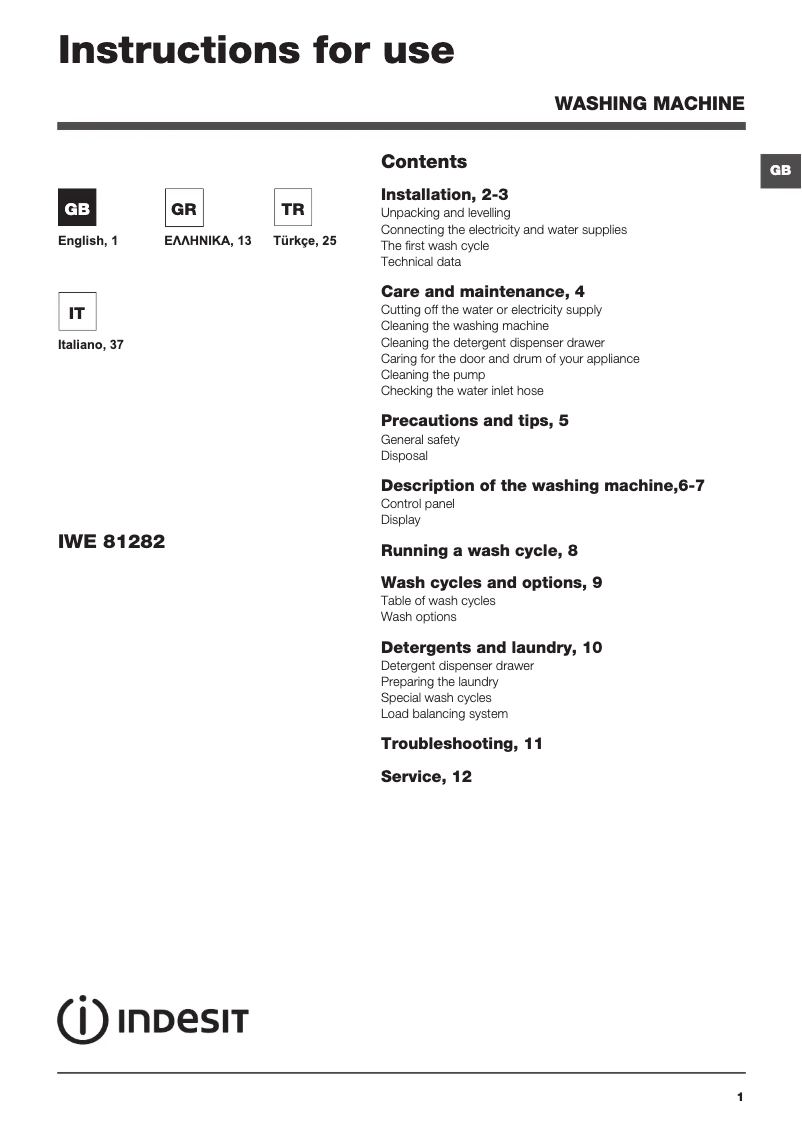 Page n°1 - Manuel utilisateur Indesit IWE 81282 SL ECO