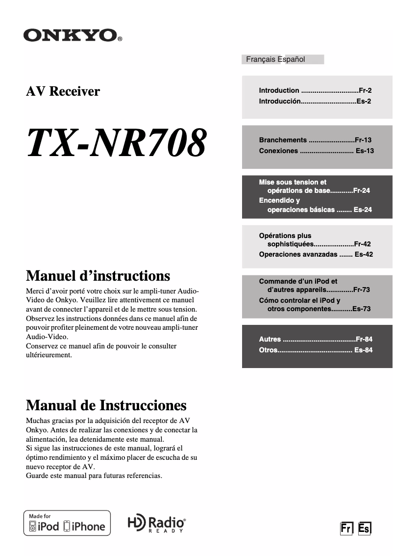 Page 1 de la notice Manuel utilisateur Onkyo TX-NR708