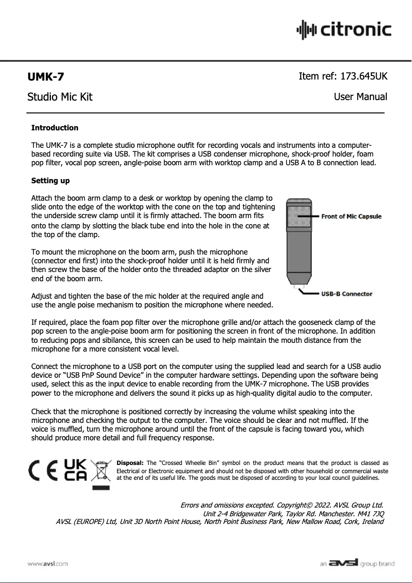 Page n°1 - Manuel utilisateur Citronic UMK-7