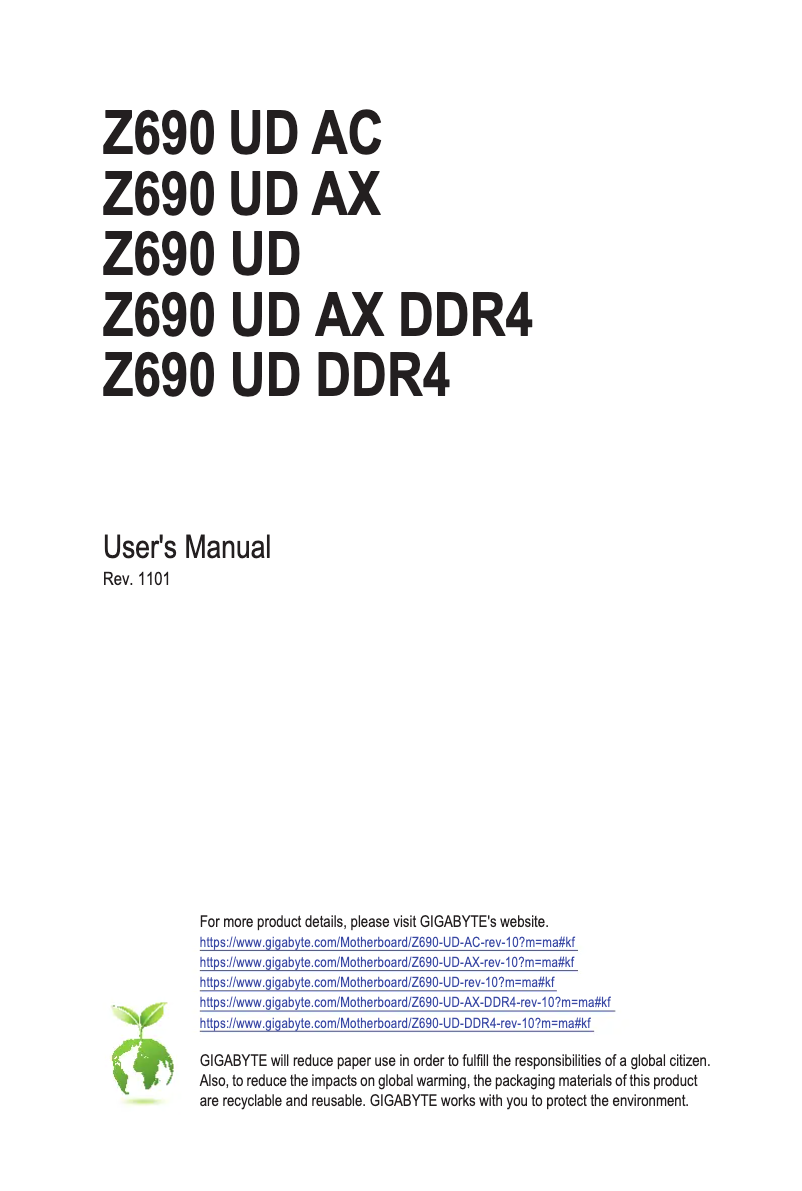 Page 1 de la notice Manuel utilisateur Gigabyte Z690 UD AX DDR4