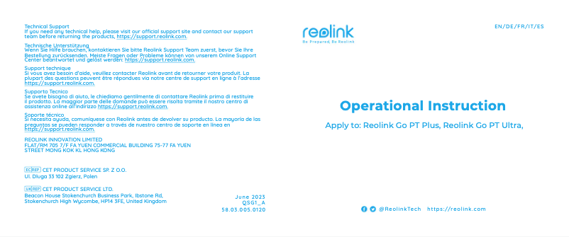 Page 1 of the manual Quick Start Guide Reolink Go PT Plus