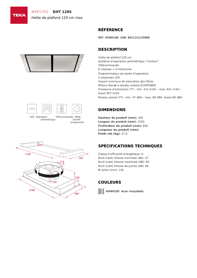 Page 1 de la notice Fiche technique Teka DHT 1285