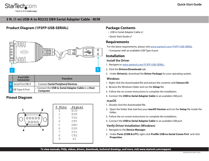 Page 1 de la notice Manuel utilisateur StarTech.com 1P3FP-USB-SERIAL