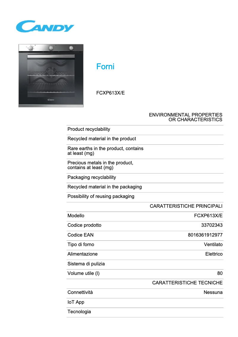 Page n°1 - Fiche technique Candy FCXP613X/E