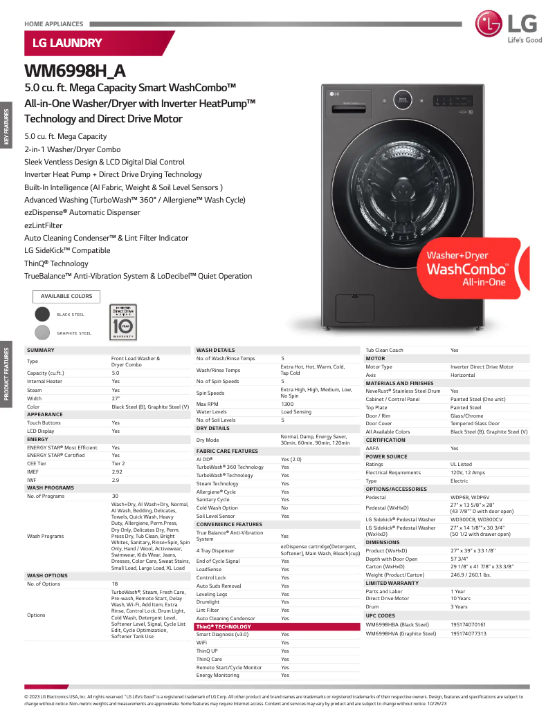 Page 1 de la notice Fiche technique LG WM6998HVA