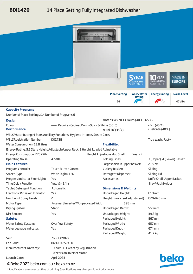 Page n°1 - Fiche technique Beko BDI1420