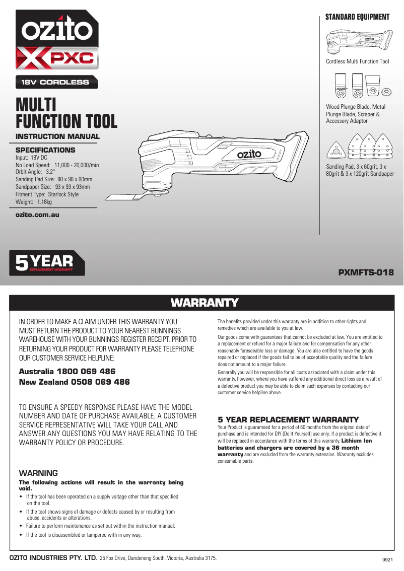 Page 1 de la notice Manuel utilisateur Ozito PXMFTS-018