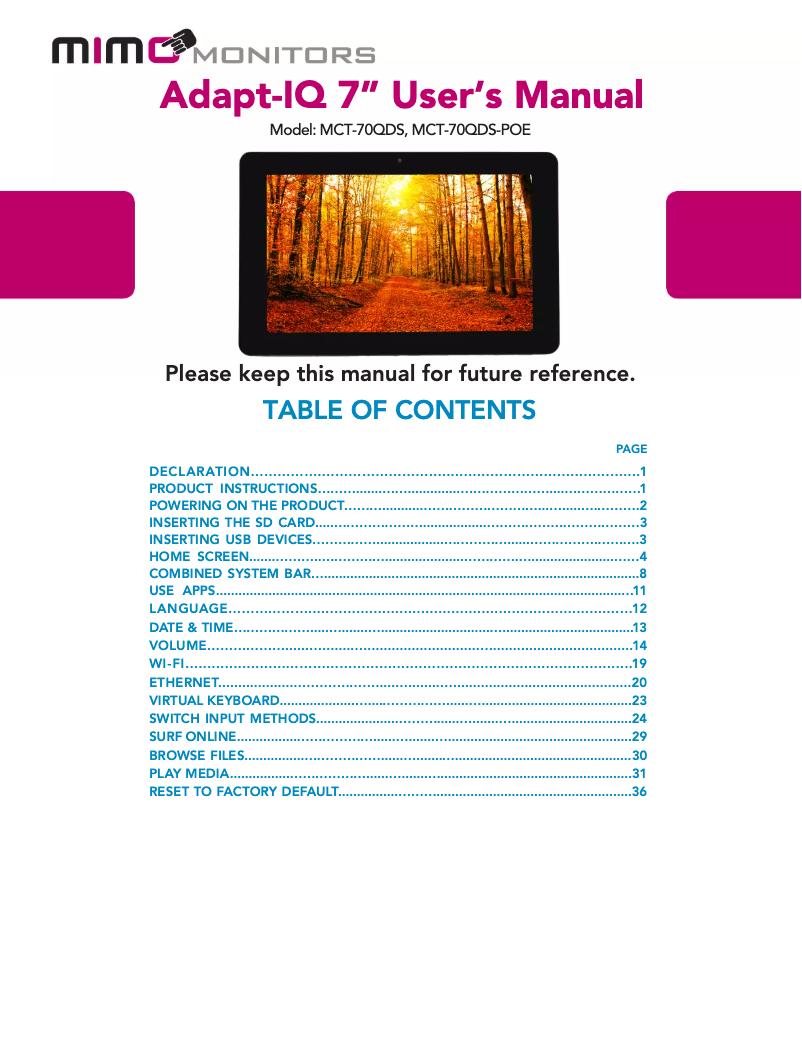 Page 1 de la notice Manuel utilisateur Mimo Monitors Adapt-IQ MCT-70QDS-POE