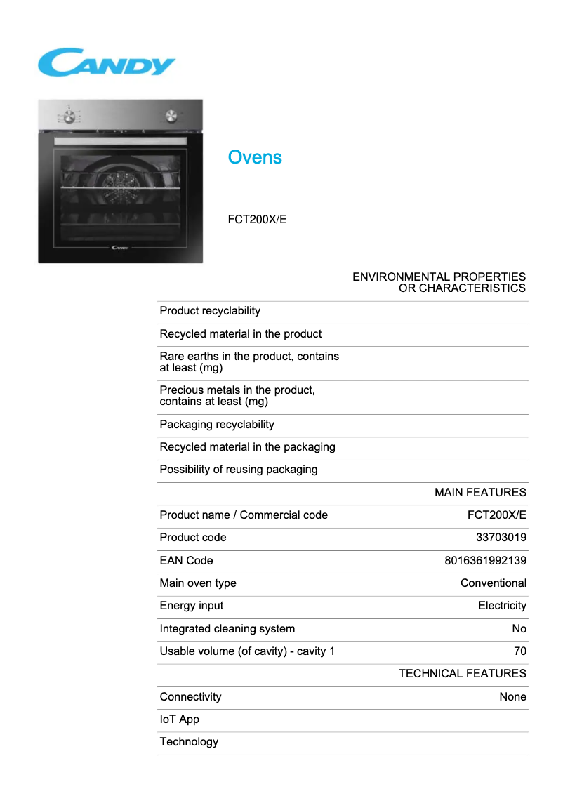 Page 1 de la notice Fiche technique Candy FCT200X/E