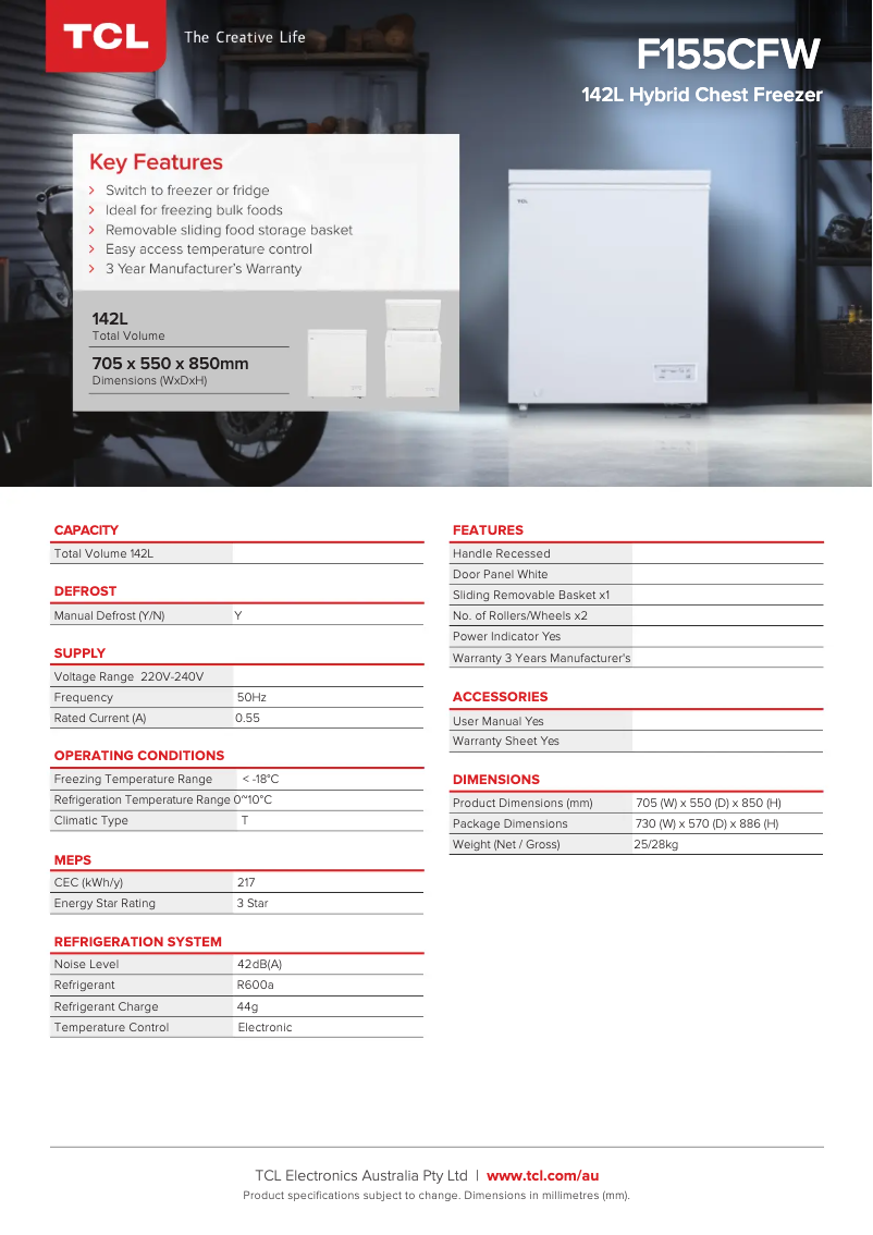 Page 1 de la notice Fiche technique TCL F155CFW