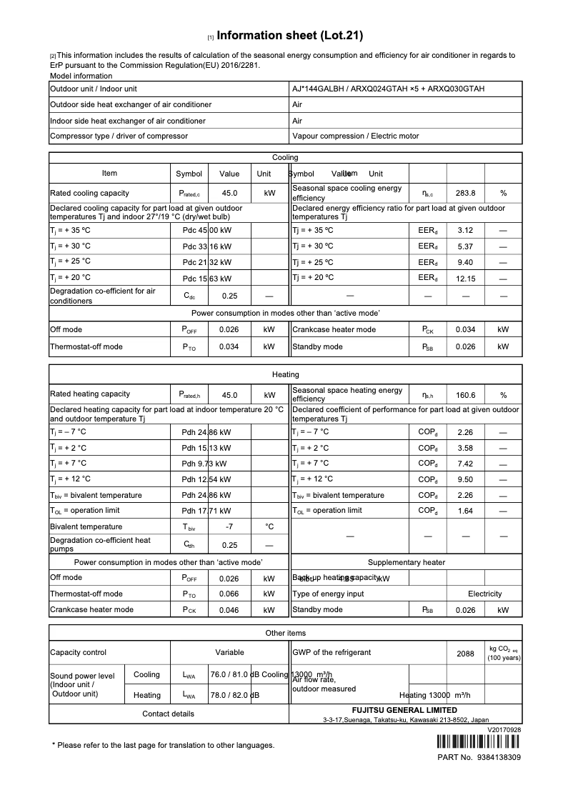 Page 1 de la notice Fiche technique Fujitsu Airstage AJH144GALBH