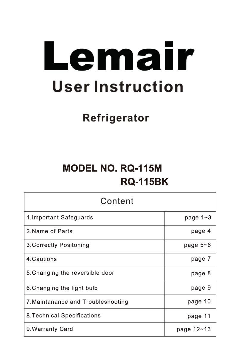 Page n°1 - Manuel utilisateur Lemair RQ-115BK