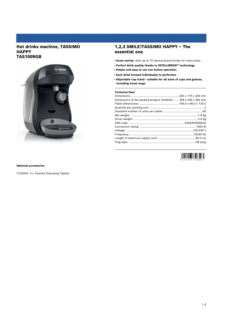 Page 1 de la notice Fiche technique Bosch Tassimo Happy TAS1009