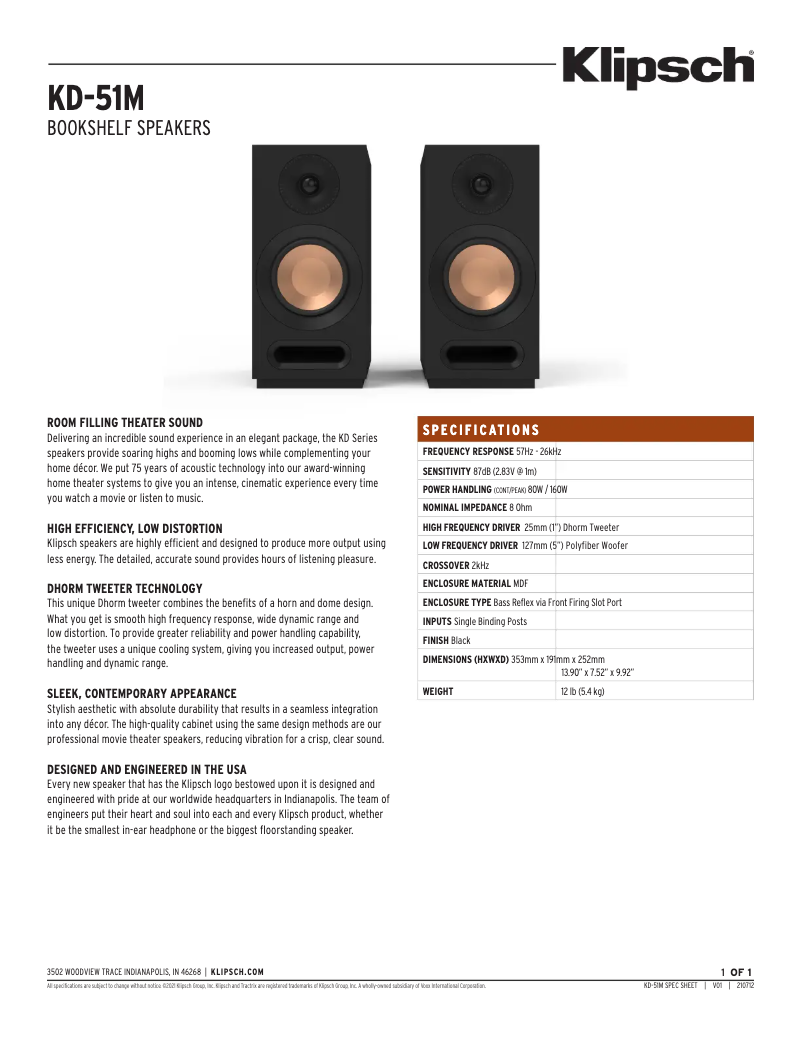 Page n°1 - Fiche technique Klipsch KD-51M