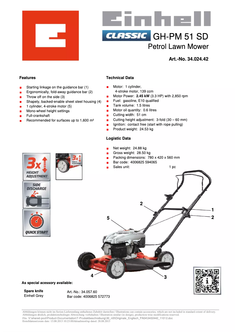 Page 1 de la notice Manuel utilisateur Einhell GH-PM 51 SD