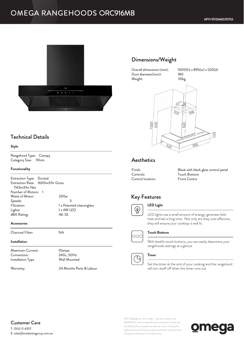 Page 1 de la notice Fiche technique Omega ORC916MB
