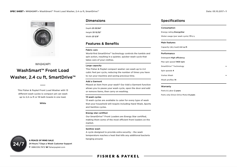 Page n°1 - Fiche technique Fisher & Paykel WH2424P1