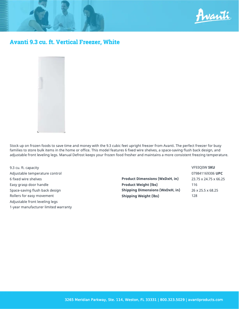 Page 1 de la notice Fiche technique Avanti VF93Q0W