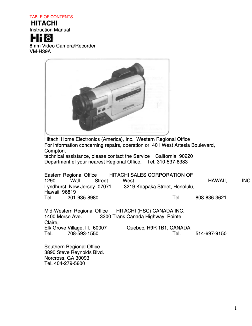 Image de la première page du manuel de l'appareil VM-H39A