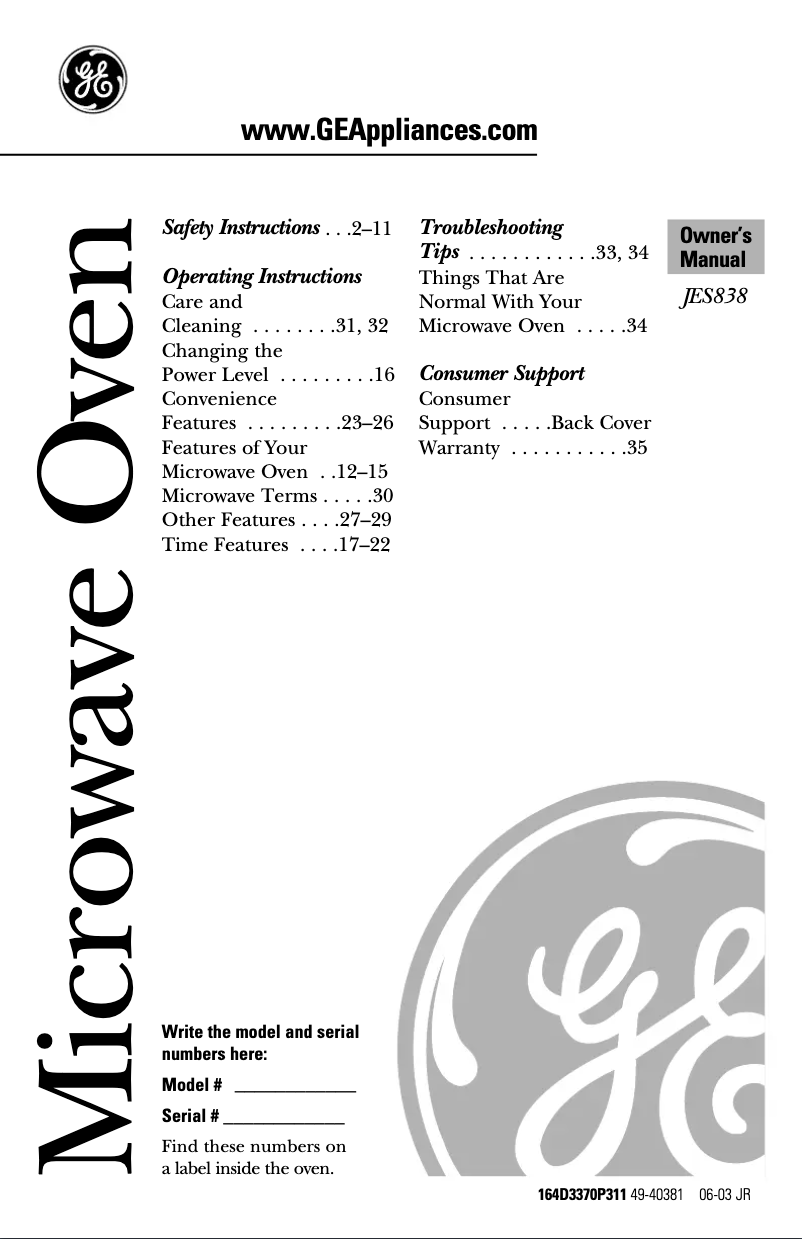 Página 1 del manual Manual de usuario GE JES838SH