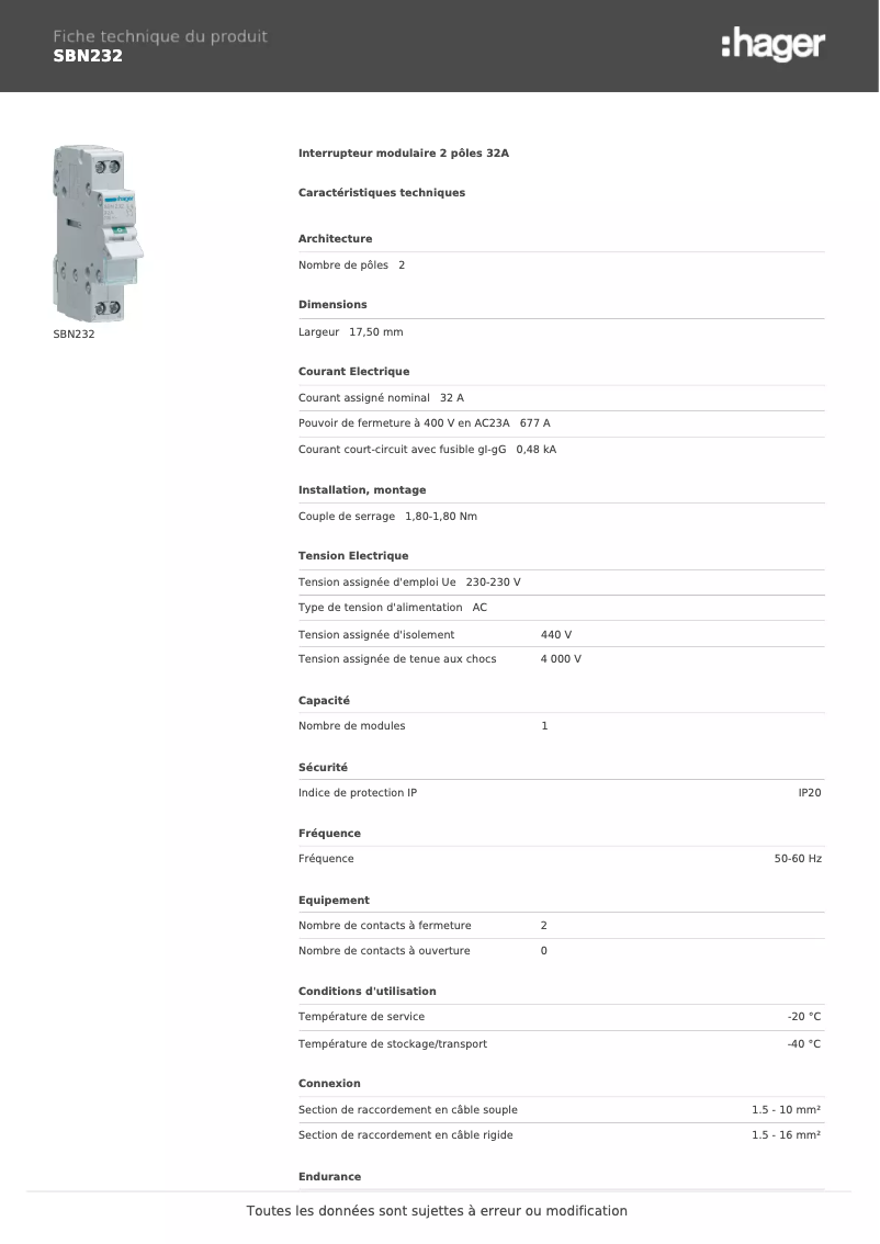 Page n°1 - Fiche technique Hager SBN232