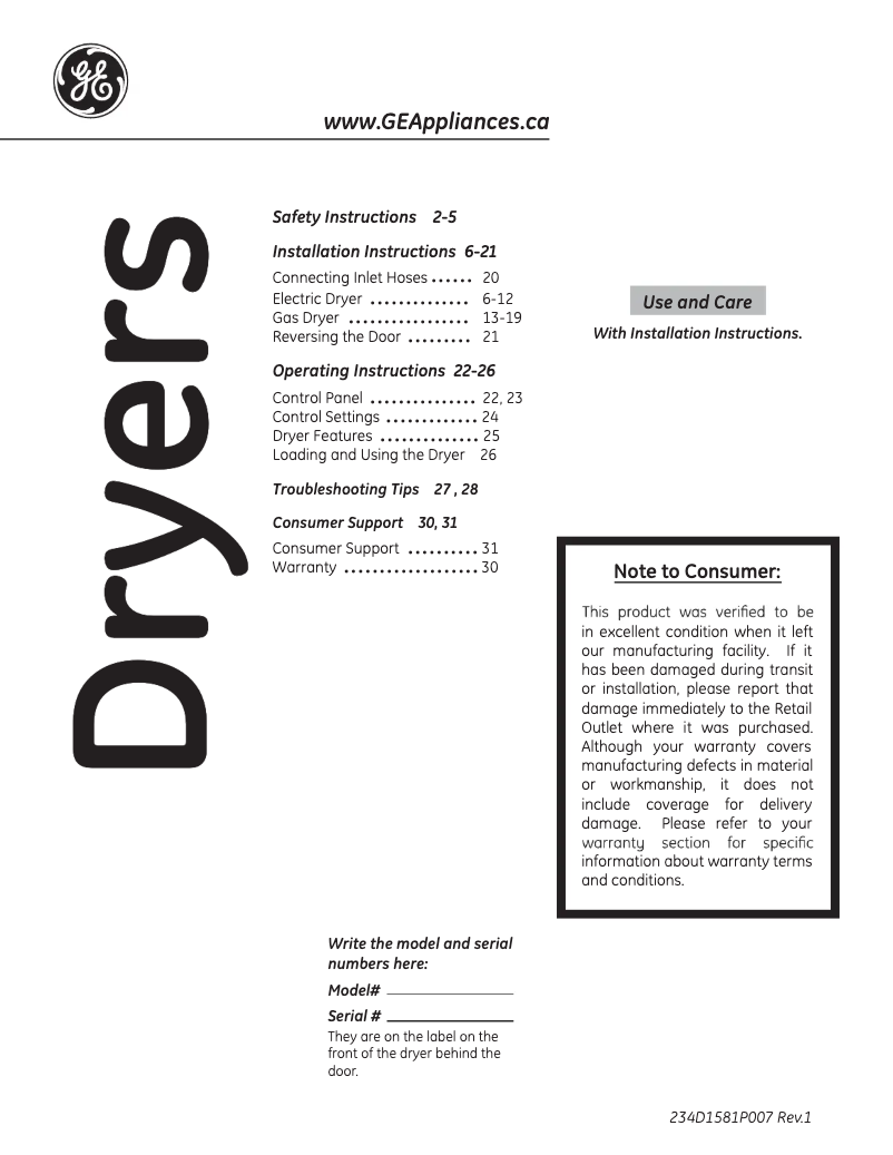 Page 1 de la notice Manuel utilisateur GE GTMS570EDWW