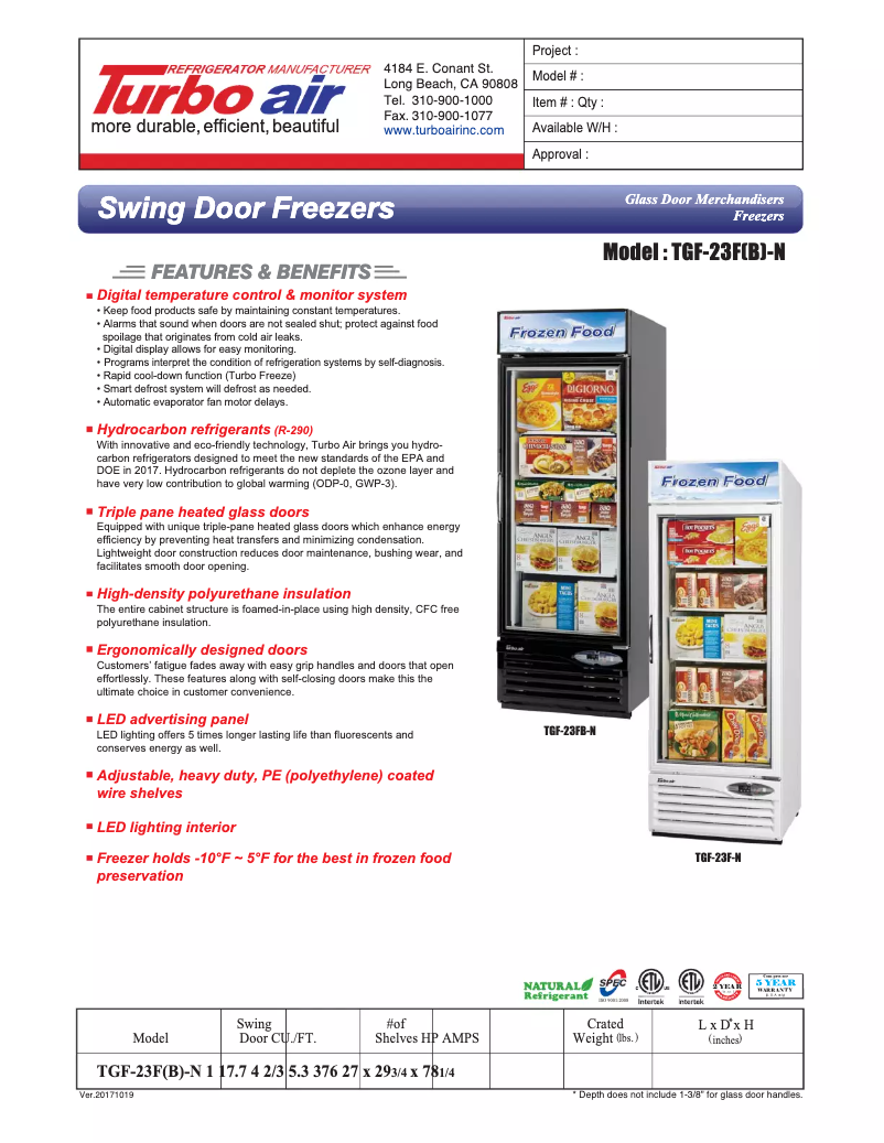 Página 1 del manual Ficha técnica Turbo air TGF-23F
