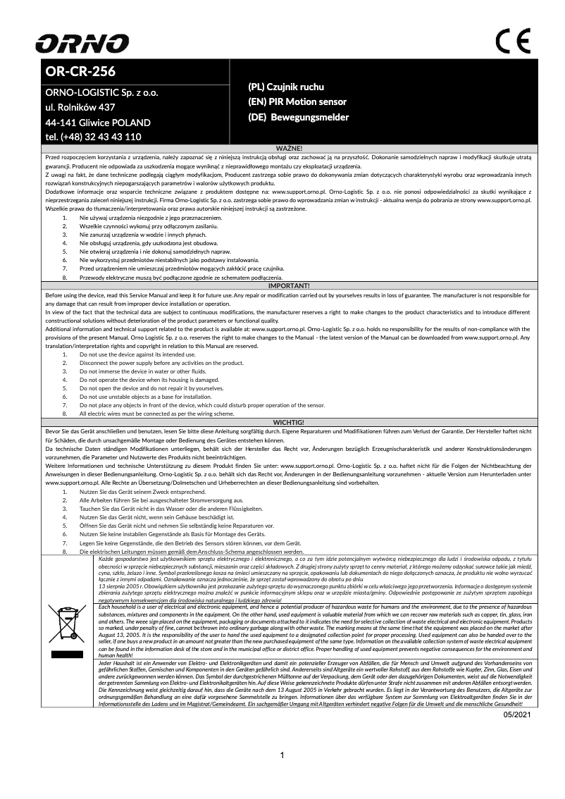 Page n°1 - Manuel utilisateur ORNO OR-CR-256