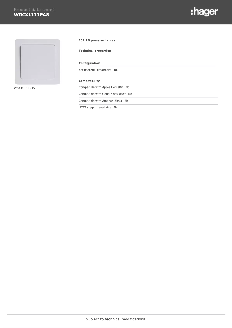 Page 1 de la notice Fiche technique Hager WGCXL111PAS