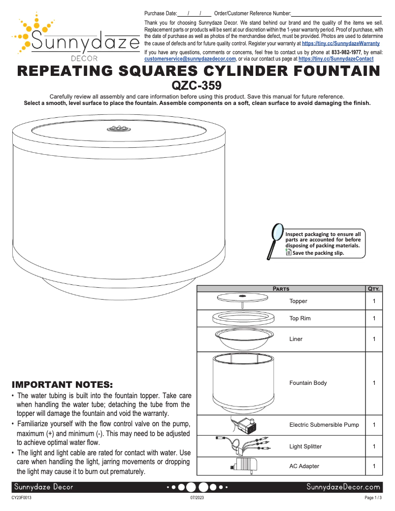 Página 1 del manual Manual de usuario Sunnydaze Decor QZC-359