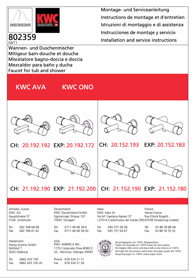 Page 1 de la notice Manuel utilisateur KWC Ava 21.192.200.000