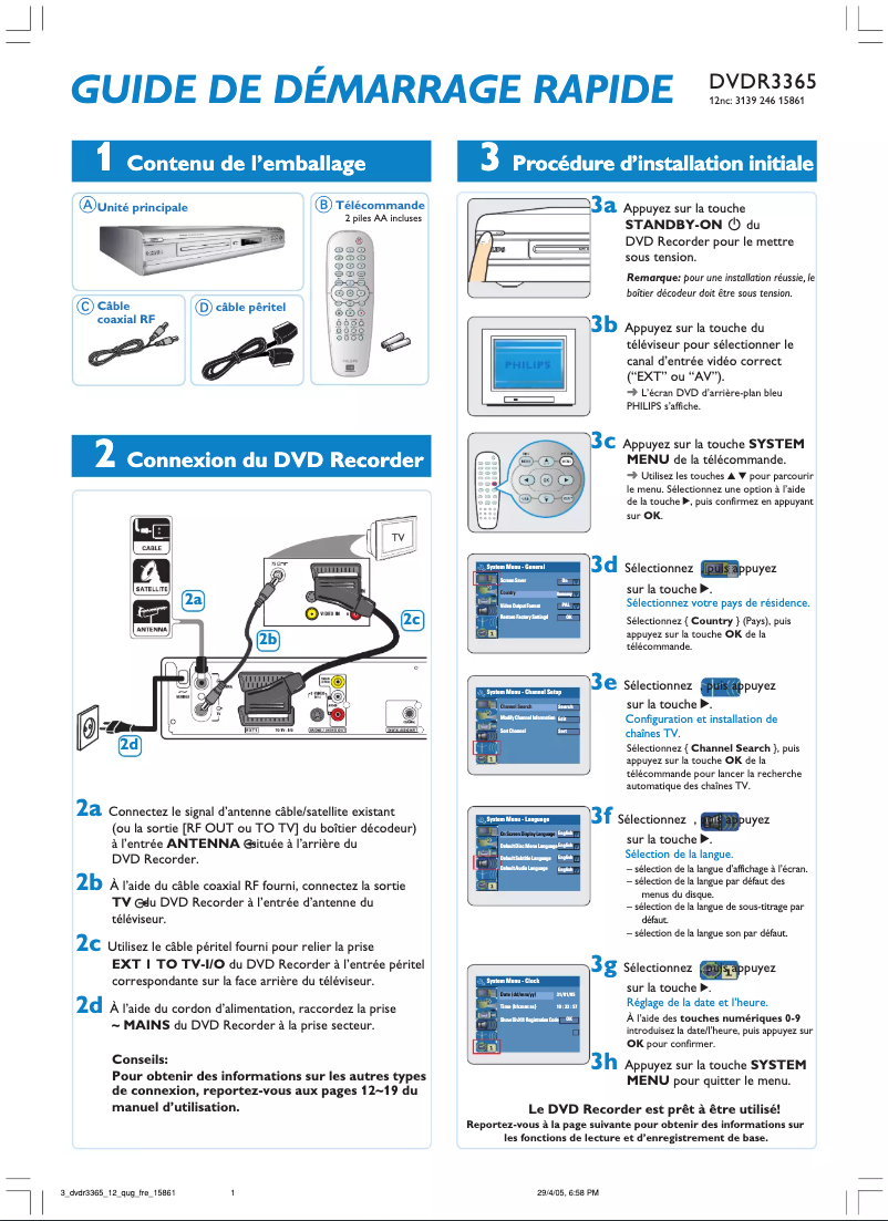 Page n°1 - Guide de démarrage rapide Philips DVDR3365