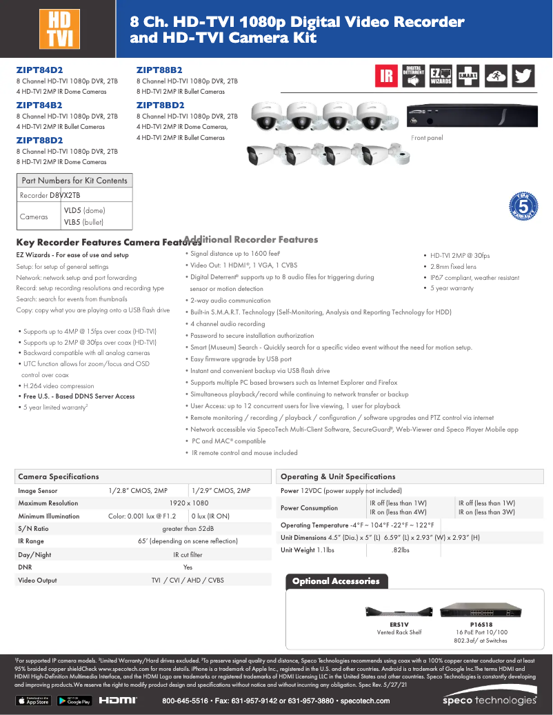 Page 1 de la notice Fiche technique Speco Technologies ZIPT84D2